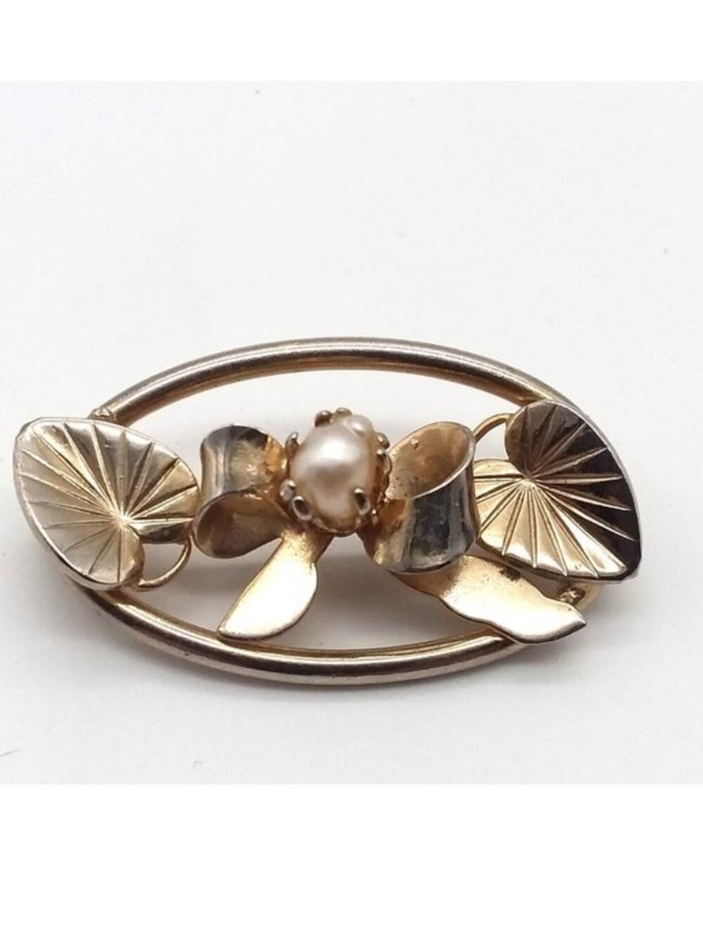 Vintage Pearl Brooch Gold Leaf Bow MCM Fashion Jewelry Oval Classic Glam 50's